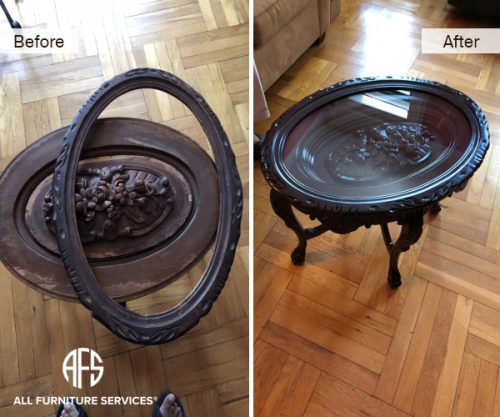 Antique-Oval-Round-Crafted-curved-wooden-side-end-table-peeling-flaking-repair-refinishing-stain-frame-glass-top